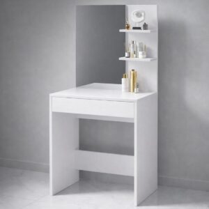 Туалетний столик з дзеркалом, полицями та шухлядою 60×40×145 см, білий