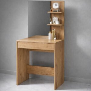 Туалетний столик з дзеркалом, полицями та шухлядою 60×40×145 см, дуб крафт золотий