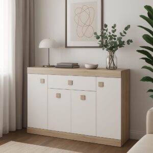 Комод С-7 з шухлядою та чотирма тумбами, 140 × 38 × 93 см, дуб сонома / білий