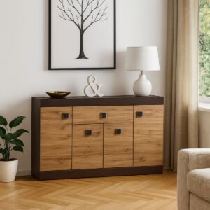 Комод С-7 з шухлядою та чотирма тумбами 140 × 38 × 93 см, венге темний / дуб крафт золотий