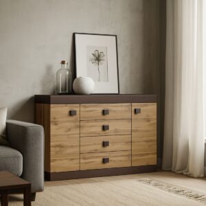 Комод С-8 з 4 шухлядами та двома тумбами 140 × 38 × 93 см, венге темний / дуб крафт золотий