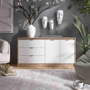 Комод СТ-2 з 2 шухлядами та двома тумбами, 150 × 38 × 75 см, дуб сонома / білий