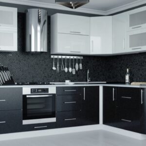 Кухонний кутовий набір МДФ 4.2 м зі стільницею, фасади Білий глянець і Чорний металік