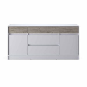 Комод СТ-1 без ручок з 5 шухлядами та 2 тумбами 160×39×76 см, білий з декоративними вставками дуб крафт сірий